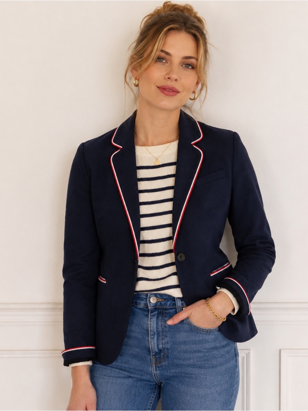 Boden Navy Nautical Blazer Red White Piping Cotton Approx L / 12